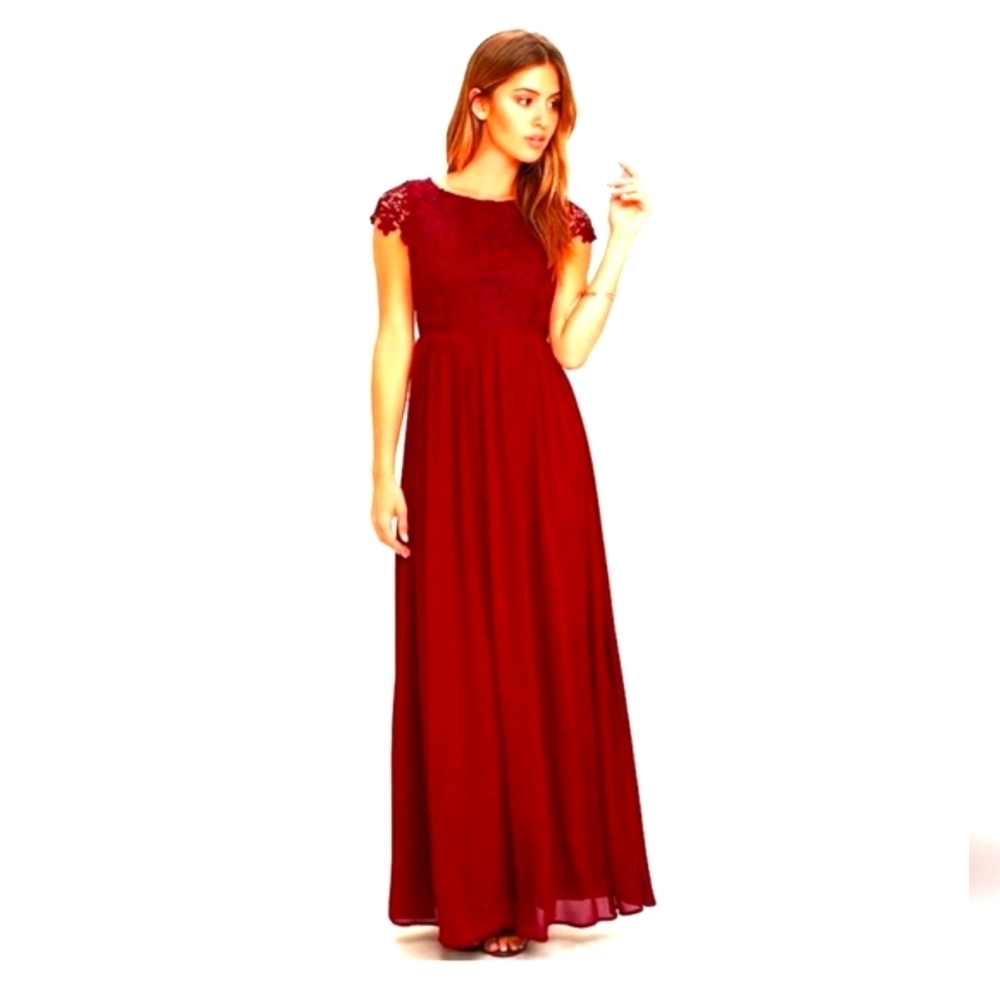 LULUS The Greatest Lace Maxi Dress Burgundy Crew Backless Cap Sleeves Sz SM NWT - Picture 3 of 15